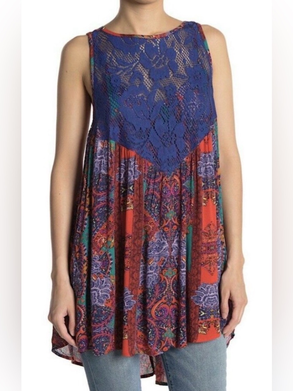 Free People Count Me In Trapeze Tunic Top Mini Dress Paisley Lace Small NWT